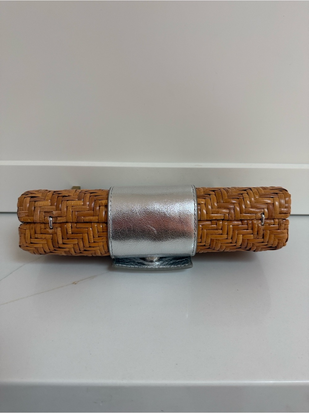 Tory Burch Rattan Woven Straw Clutch with Silver Metallic Accent - Picture 3 of 4
